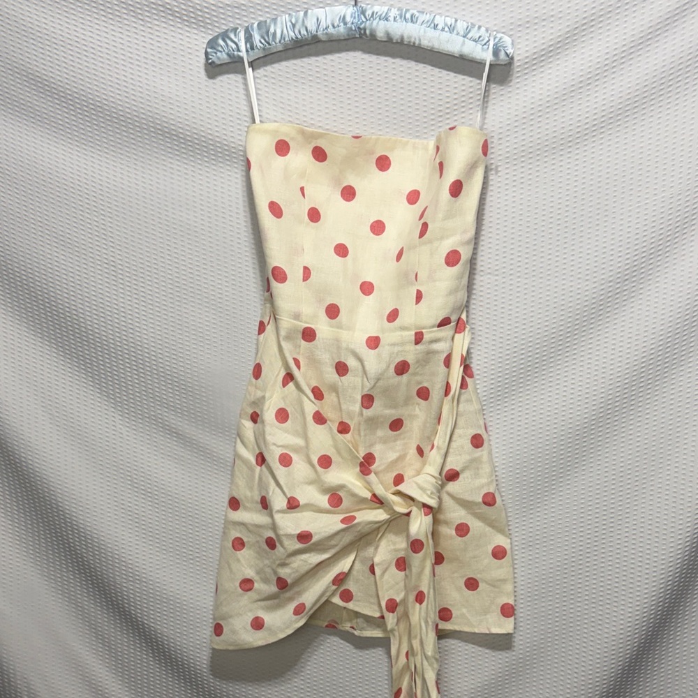 Reformation Strapless Dress with pink Dots on Cream